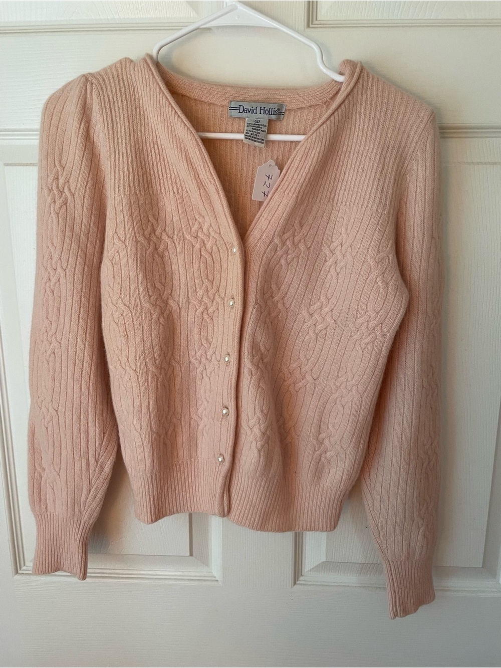 David Hollis Pink Cable Knit Cardigan Sweater | Pearl Buttons | Size Small